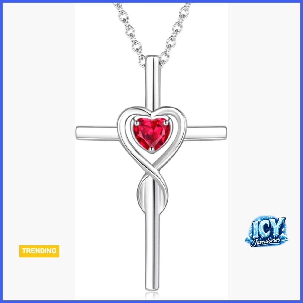 Sterling Silver Cross Pendant Necklace with Ruby Heart